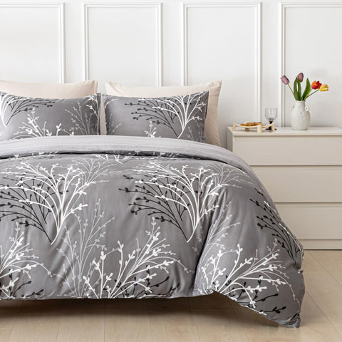 Tokokimo Grey Double Duvet Cover Set - Bedding Set Reversible Design 3pcs, Soft Microfiber Double Duvet Set 200x200 cm with Pillowcases for Double Bedding Bed Set, Easy Care, Printed Grey/Flowers