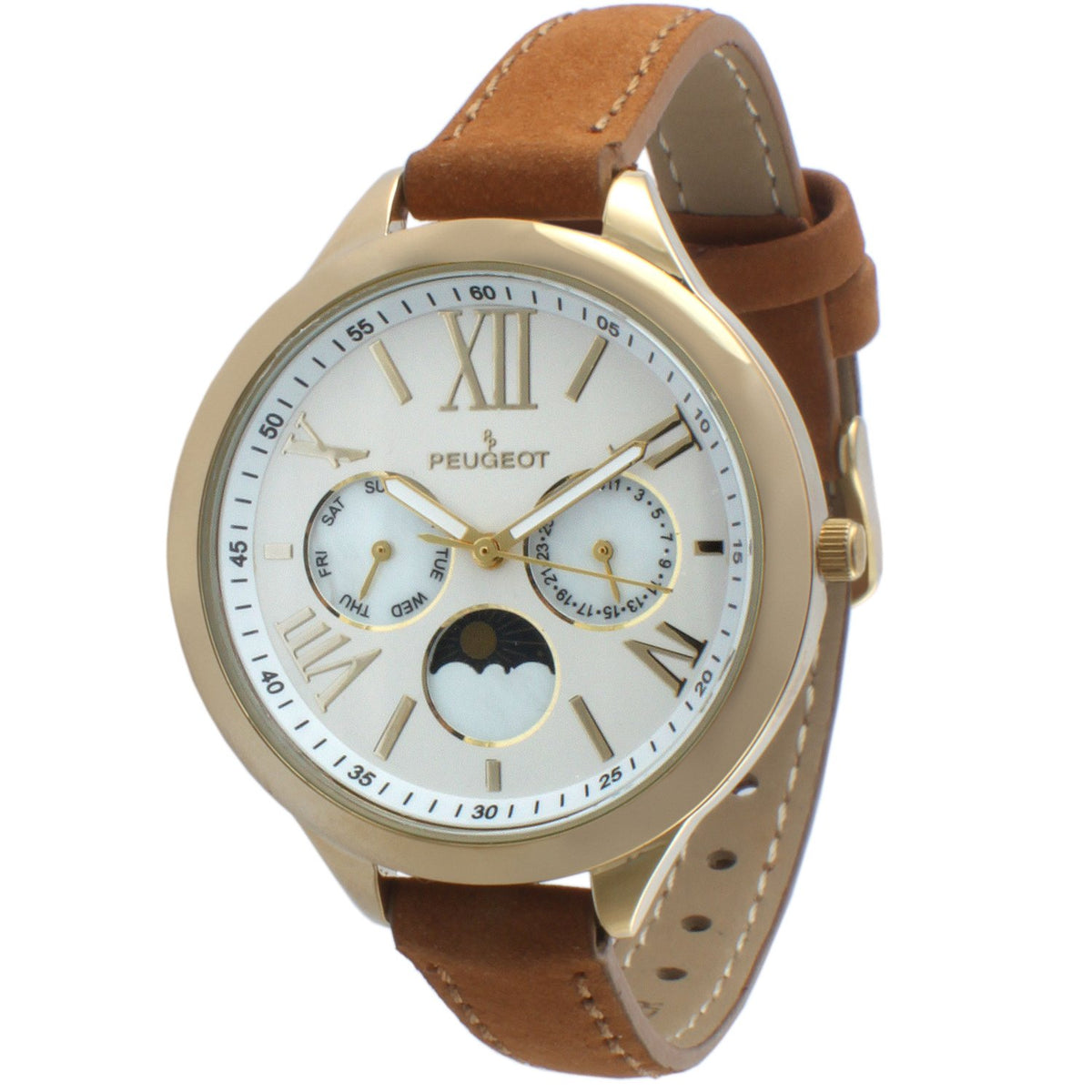 Peugeot WomenÃ¢â‚¬â„¢s Gold Round Multi-Function Watch with Skinny Brown Suede Strap