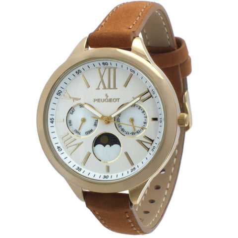 Peugeot WomenÃ¢â‚¬â„¢s Gold Round Multi-Function Watch with Skinny Brown Suede Strap