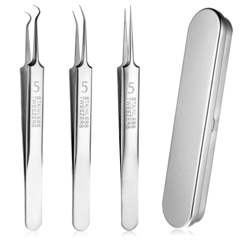 WLLHYF Professional Facial Blackhead Remover Tweezers 3Pcs Stainless Steel Pimple Popper Tool Kit Comedone Extractor Acne Removal (Silver)