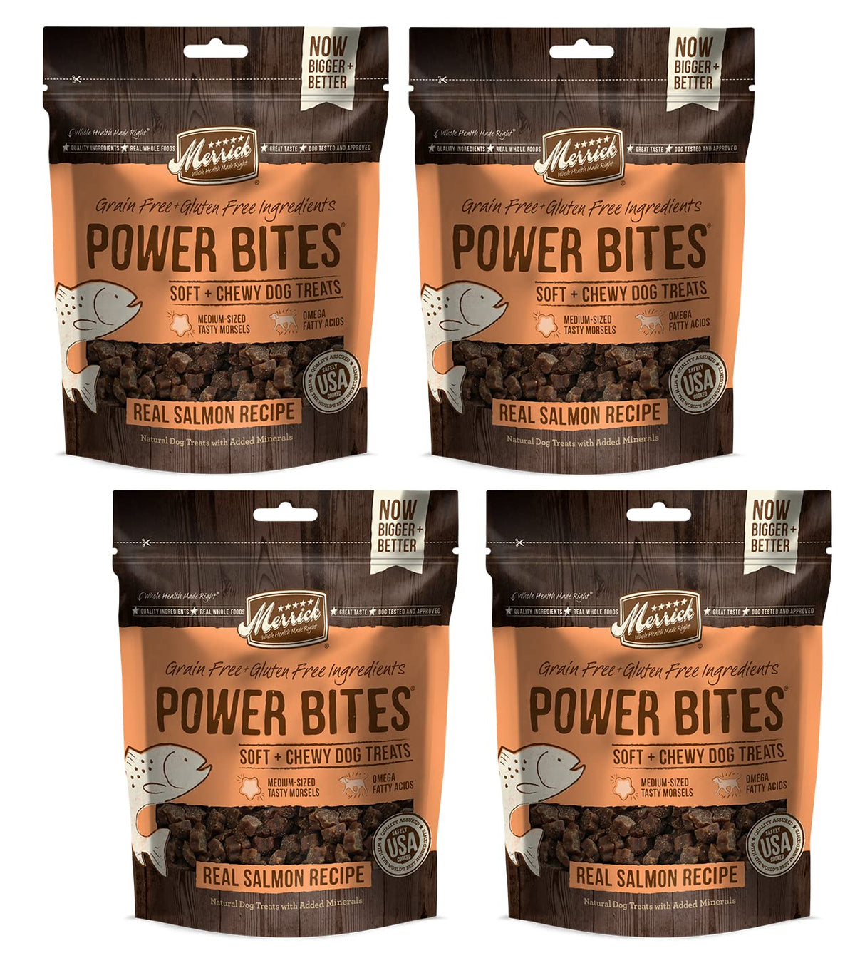 Merrick Power Bites Soft & Chewy Dog Treats - Real Salmon Recipe 6 oz - Pack of 4