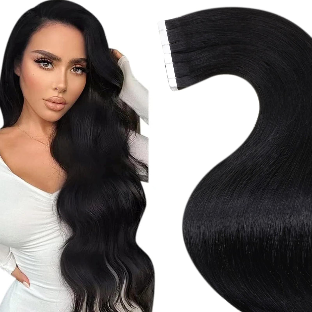LaaVoo Tape in Hair Extensions Human Hair 28 Inch 65g 20pcs Black Hair Extensions Tape in Real Human Hair Long Black Tape in Extensions Human Hair Silky Straight