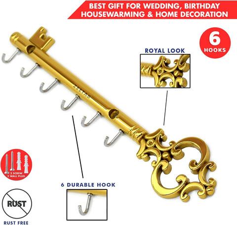 Zeetab Metal Royal Key Holder & Hanger with 6 Hooks | Rajwadi Wall Mount Key Stand | Home Decor Gift (24x6cm) (Gold)