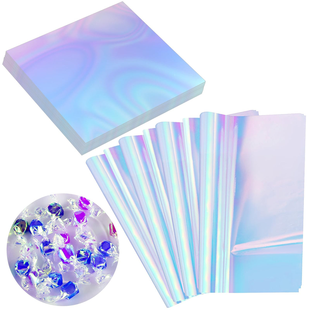 Prudiut 150 Pieces Cellophane Sheets Blue Iridescent Cellophane Sheets Wraps for Iridescent Film Crafts Holographic Cellophane Sheets for DIY Arts Crafts Decoration (9 x 9 Inch)