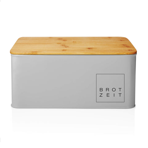 Lumaland Cuisine Bread Bin | Metal Bread Box with Bamboo Lid | Rectangular Bread Box 30,5 x 23,5 x 14 cm | 2in1 Bread Bin & Cutting Board [Light Grey]