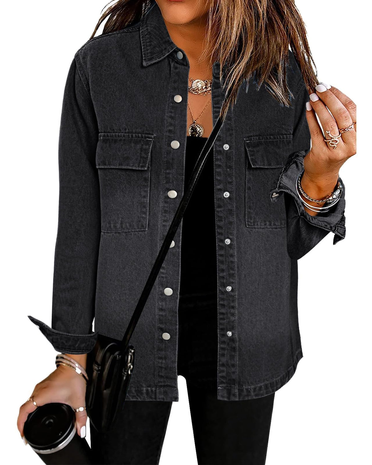 luvamia Jeans Jacket For Women Fashion Womens Jackets Black Button Down Shirt Women Denim Jackets For Women 2024 Womens Fall Clothes Shackets For Women 2024 Size XX-Large Size 20 22