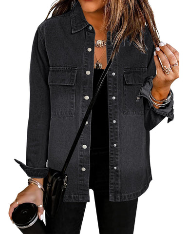 luvamia Jeans Jacket For Women Fashion Womens Jackets Black Button Down Shirt Women Denim Jackets For Women 2024 Womens Fall Clothes Shackets For Women 2024 Size XX-Large Size 20 22