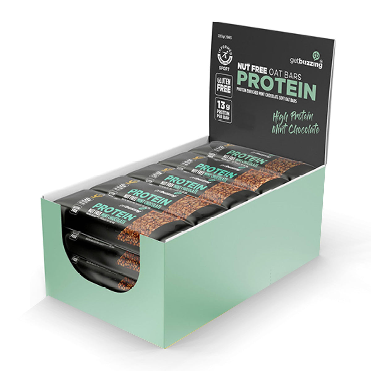 Getbuzzing High Protein Nut Free Flapjack - Mint Chocolate 55g - Healthy Snack Bars - Gym, Running, Cycling - Pure Protein Made in The UK - Pack of 12 Bars