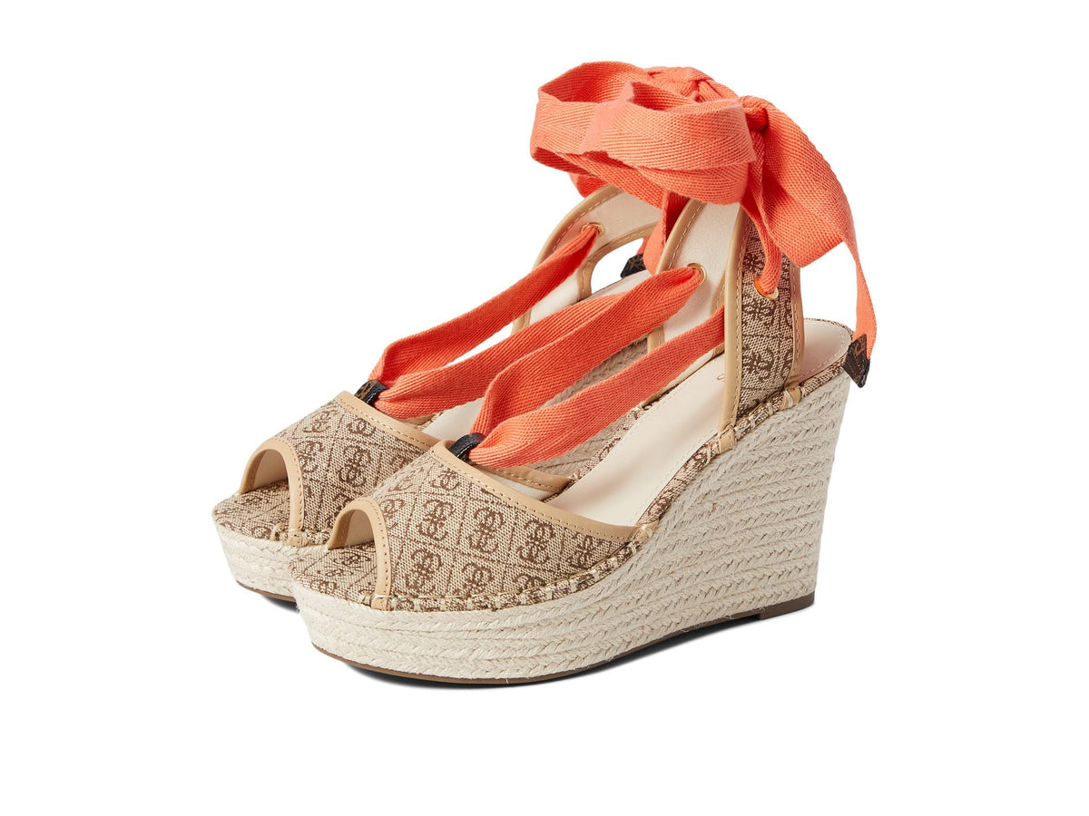 GUESS Women's Halona Wedge Sandal, Beige/Light Brown, 11