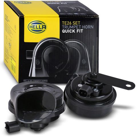 HELLA Trumpet Horn - OE-CONNECT HORN TE26 SET - 12V - 110dB(A) - Frequency range from: 400Hz - Frequency range to: 500Hz - Low Tone/High Tone - Electric - Plug: Ford - Quantity - 3FH 012 010-081