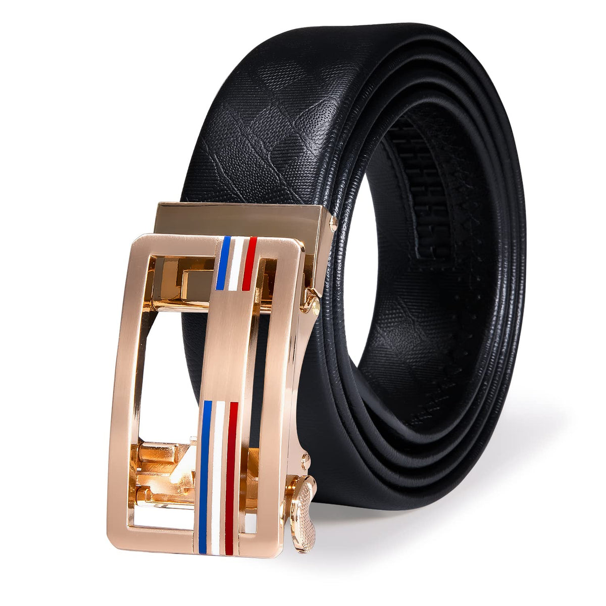 Dubulle Designer Mens Belts, Sliding Automatic Buckle Ratchet Dress Belt TOP Genuine Leather Strap Gifts, Gold Hollow Buckle, waist size 24'' to 38'', belt 43''(110cm)