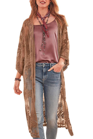 YouKD Women's Lace Cardigan See Through Dress Boho Long Kimono Beach Swimsuit Cover Up Dresses Brown