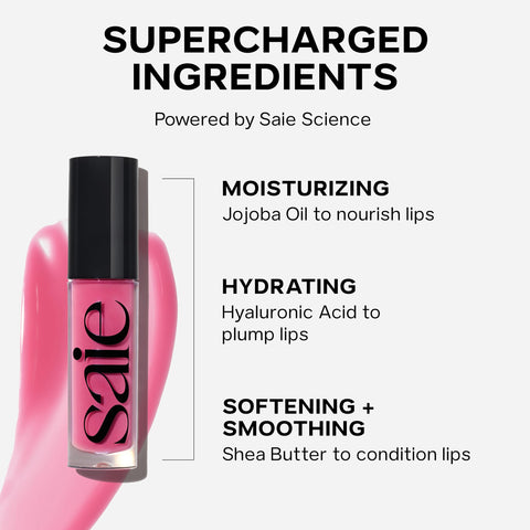 Saie Glossybounce High-Shine Hydrating Lip Oil Gloss - Non-Sticky, Sheer Tinted Lip Gloss with Hyaluronic Acid + Jojoba Oil for Long-Lasting Moisture - Play (.17 oz)