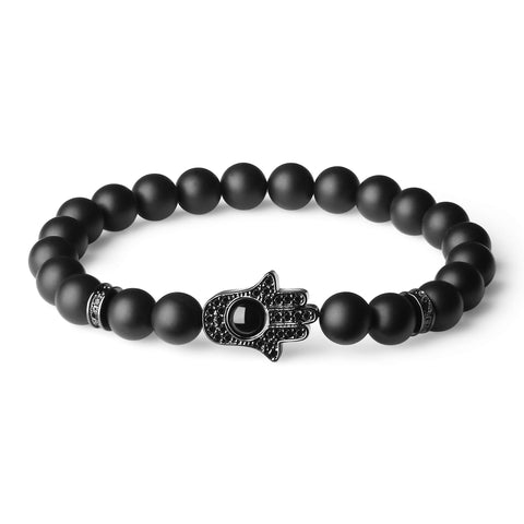COAI Healing Stone CZ Pave Hamsa Hand Matte Onyx Prayer Bracelet 7"
