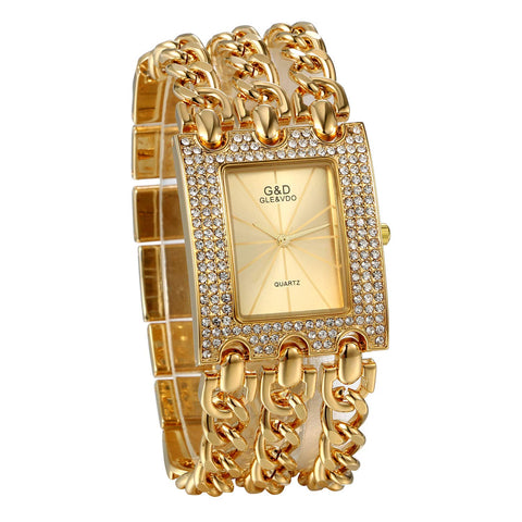 JewelryWe Womens Luxury Simple Square Dial Quartz Watch Rhinestone Gold Tone Case Chain Band Wrist Watch