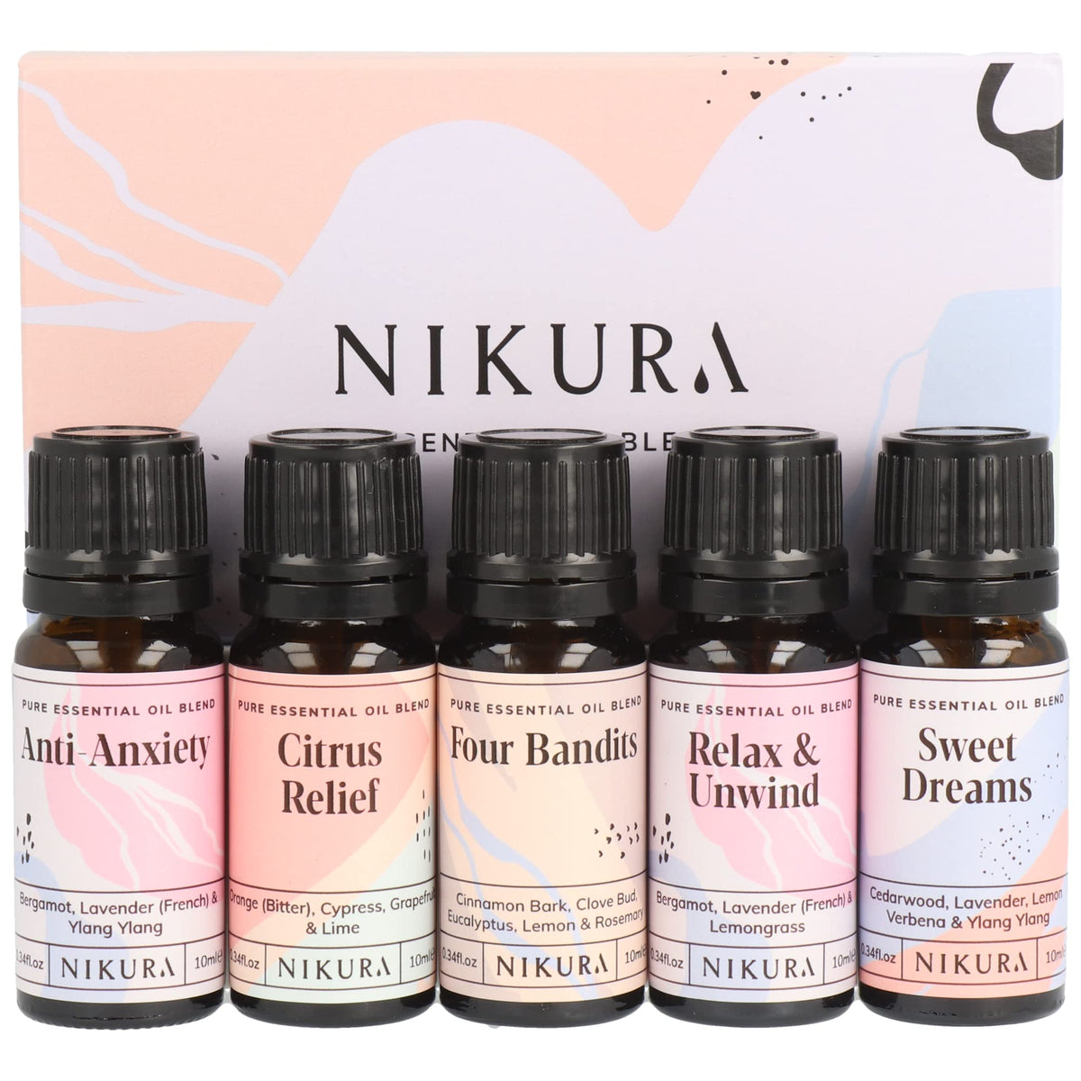 Nikura Essential Oils Blends Gift Set - 5 x 10ml | Calming Essential Oils for Diffusers for Home, Sleep, Wax Melts | Relaxing Aromatherapy Oils Set | UK Made & Vegan