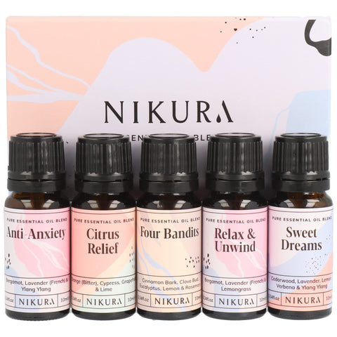 Nikura Essential Oils Blends Gift Set - 5 x 10ml | Calming Essential Oils for Diffusers for Home, Sleep, Wax Melts | Relaxing Aromatherapy Oils Set | UK Made & Vegan