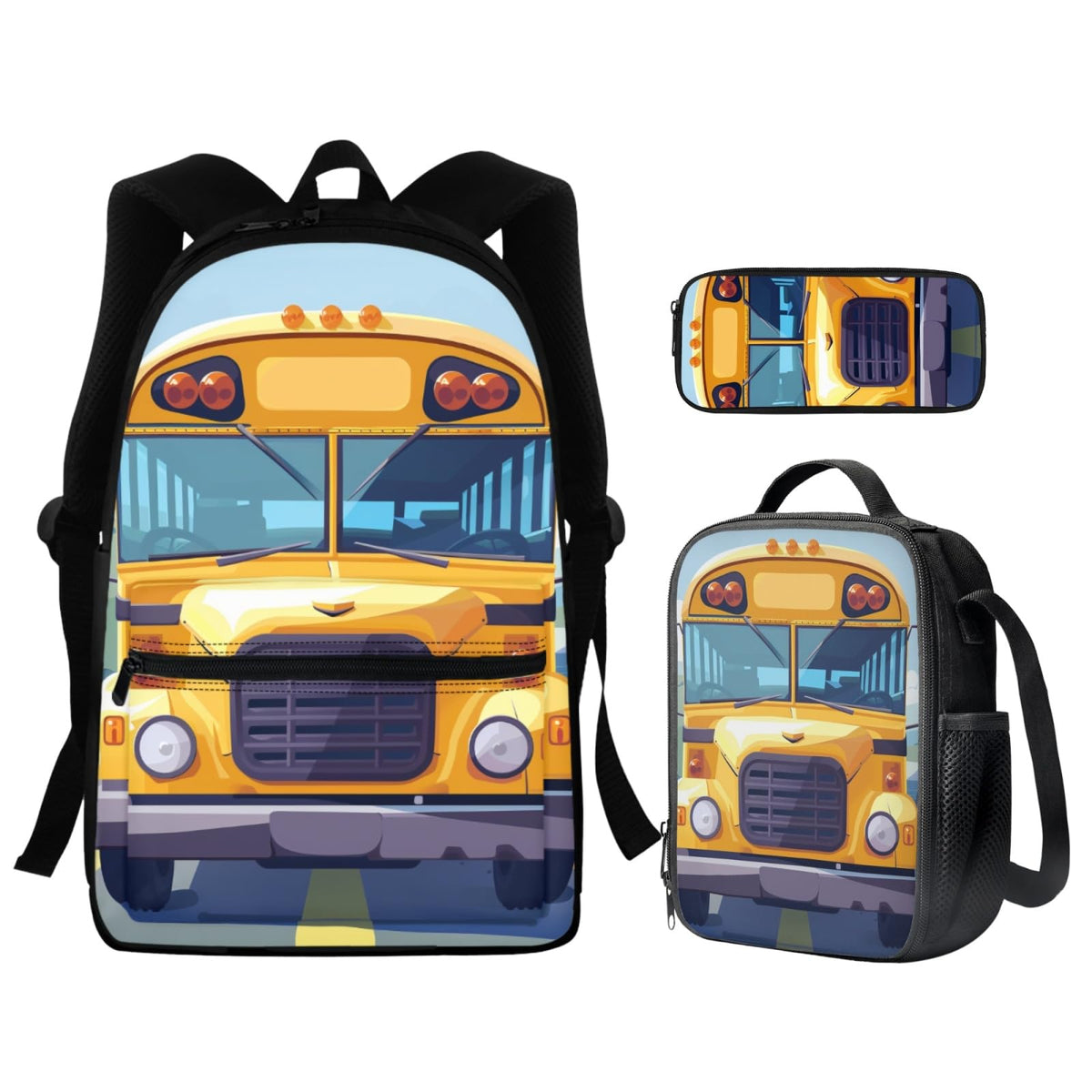XXQGOMG School Bus Print Backpack for Boys 8-12 Toddler School Backpack with Lunch Bag Large Capacity Back Pack with Water Bottle Holder Daypack Shoulder Bags