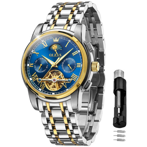 OLEVS Mens Watch Automatic Mechanical Tourbillon Self Winding Luxury Stainless Steel Waterproof Luminous Date Wrist Watch