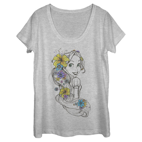 Disney Princesses Rapunzel Sketch Women's Short Sleeve Tee Shirt, Athletic Heather, Small