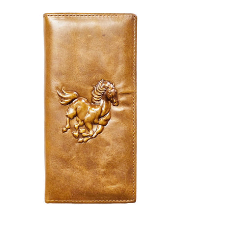 AurexaFashion Genuine Leather Bifold Long Wallet for Men, Retro Vintage Embossed Clutch with Zipped Coin purse & Credit card Slots. RFID Blocking. Horse- Tan Cognac