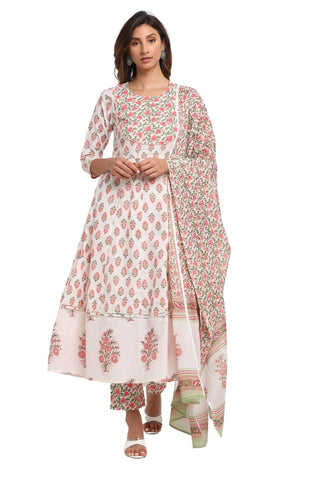 Rajnandini Women's Pure Cambric Cotton Printed Kurta Set with Dupatta (JOPLVL227-XXL_White & Pink_XXL)