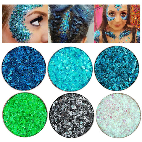 6Pcs Holographic Blue Green Black White Face Body Glitter Gel,Singer Concerts Music Festival Rave Accessories,Mermaid Face Makeup Glitter Gel,Sequins Glitter Face Paint for Eye Lip Hair for Women