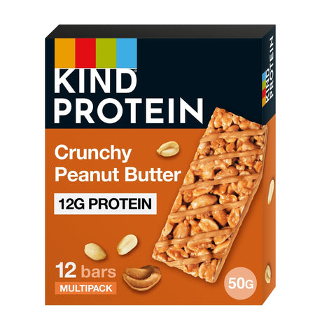 KIND Protein Bars, Gluten Free Snack Bars, Crunchy Peanut Butter, High Fibre, Source of Protein, No Artificial Colours, Flavours or Preservatives, Multipack 12 x 50g