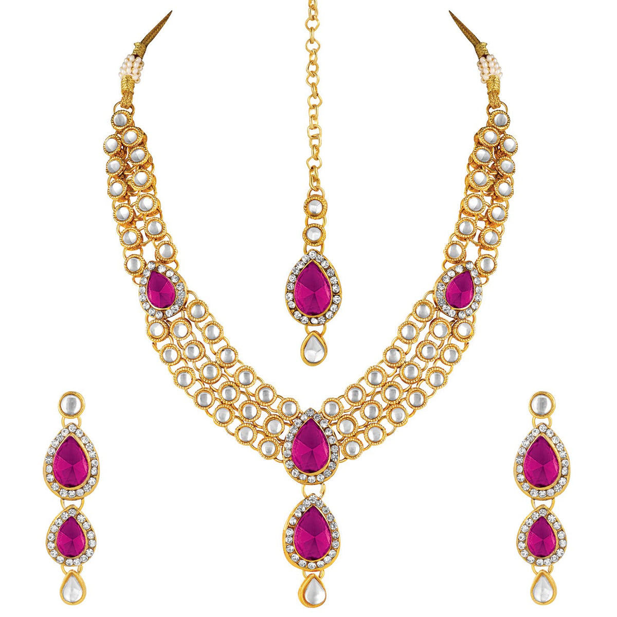 Aheli Indian Traditional Bollywood Kundan Maang Tikka Earrings Necklace Set Ethnic Jewelry for Women Girls