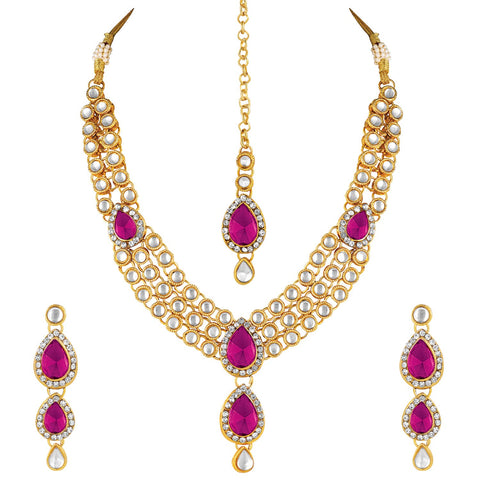 Aheli Indian Traditional Bollywood Kundan Maang Tikka Earrings Necklace Set Ethnic Jewelry for Women Girls