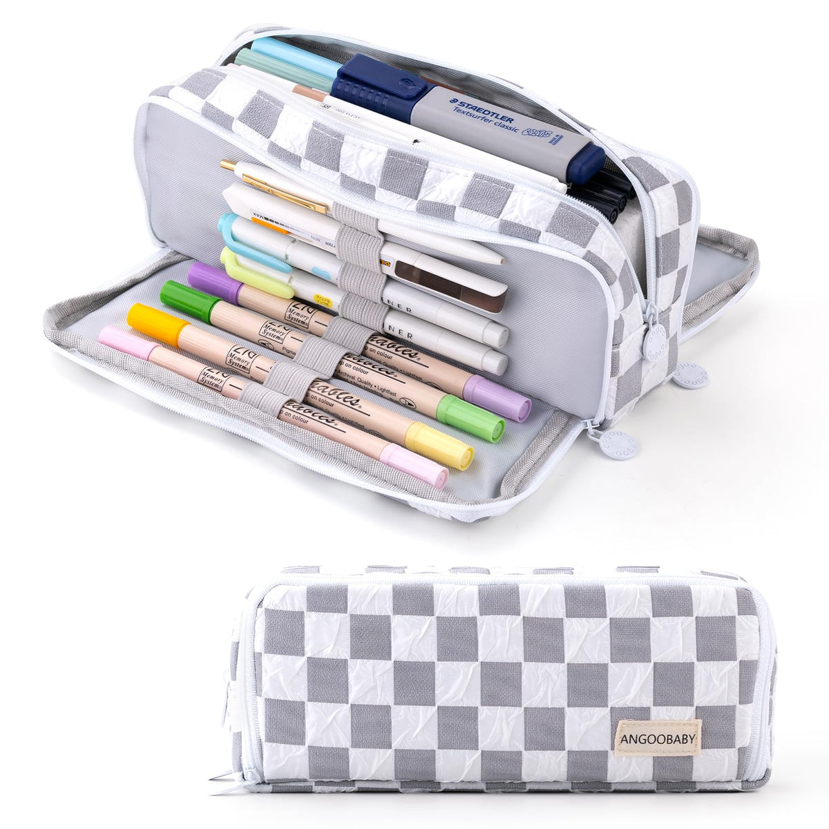 ANGOOBABY Large Pencil Case Big Capacity 3 Compartments Canvas Pencil Pouch for Teen Boys Girls School Students (QPG Grey)