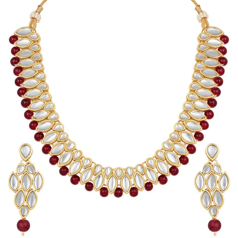 Aheli Pearl Kundan Necklace and Drop Earrings Bridal Jewelry Set Gift for Women Red