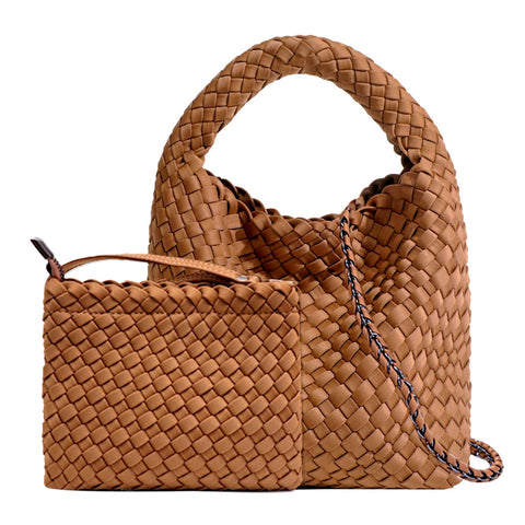 OUYGZOU Fashion Tote Satchel Ladies Woven Hobo Handbags Adjustable Shoulder Bucket Bag Top-handle with Purse for Women (Brown)