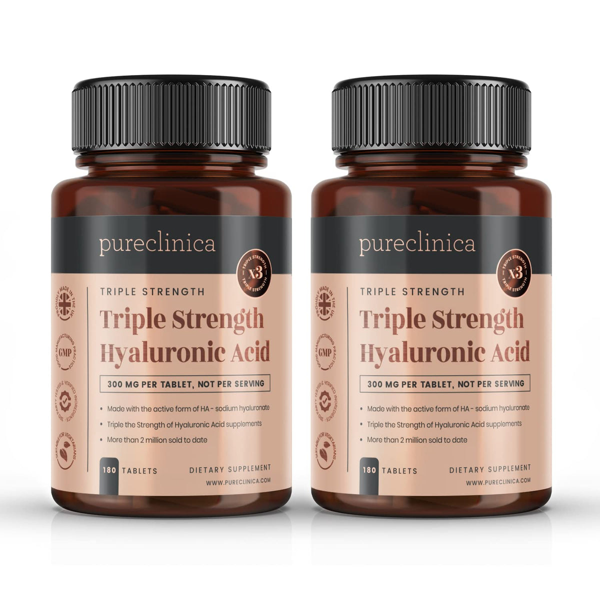 pureclinica Hyaluronic Acid 300mg x 360 Tablets (2 Bottles of 180-12 Months Supply). Triple Strength Hyaluronic Acid. 300% Stronger Than Any Other HLA Tablet.
