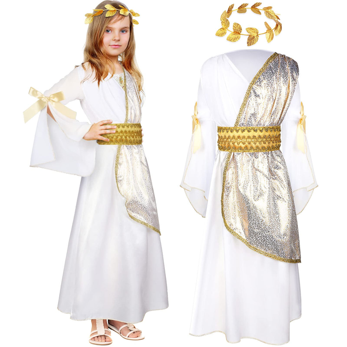 Geyoga 2 Pcs Greek Costume Girls Toga Costume, Halloween Grecian Roman Costume and Roman Crown Leaf Wreath(Kid Size, X-Small,White Gold)