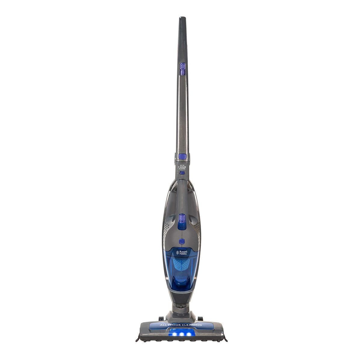 Russell Hobbs Cordless Upright Stick Vacuum Cleaner Bagless 2 in 1 Grey and Blue 600W 2 Speed Settings 60 min Run Time, for Carpets & Hard Floors with Crevice & Brush Tool, 2 Year Guarantee RHSV2211