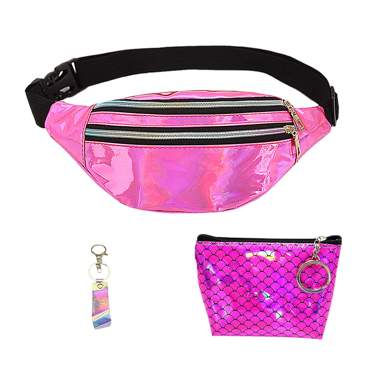 1 Pink Holographic Fanny Pack, 1 Coin Purse, 1 Key Fob, Multifunctional Cross-Body Chest Bag, Fashion Belt Bag, Leather Belt Bag, Sports Belt Bag, for Travel, Outdoor Sports,etc