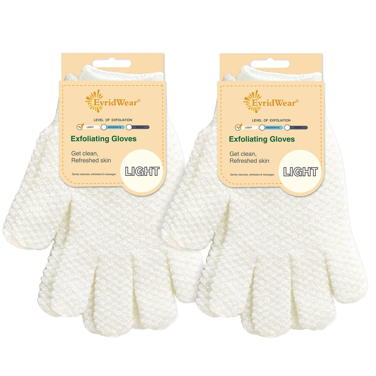 Evridwear Exfoliating Dual Texture Bath Gloves for Shower, Spa, Massage and Body Scrubs, Dead Skin Cell Remover, Gloves with Hanging Loop (2 Pairs Light)