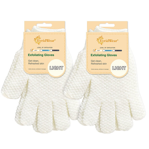Evridwear Exfoliating Dual Texture Bath Gloves for Shower, Spa, Massage and Body Scrubs, Dead Skin Cell Remover, Gloves with Hanging Loop (2 Pairs Light)