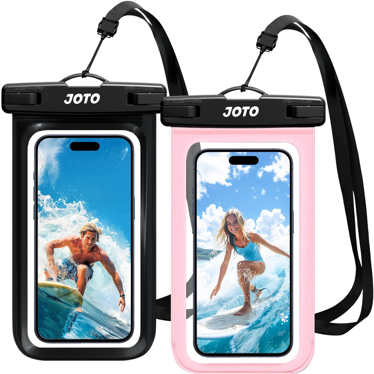 JOTO 2 Pack Waterproof Phone Pouch, IPX8 Underwater Phone Case for Swimming Snorkelling, Dry Bag for iPhone 15 14 13 Pro Max, Galaxy S24 S23 Ultra Pixel to 7", Beach Essential - Black & Pink