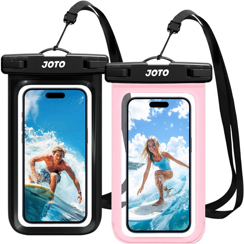 JOTO 2 Pack Waterproof Phone Pouch, IPX8 Underwater Phone Case for Swimming Snorkelling, Dry Bag for iPhone 15 14 13 Pro Max, Galaxy S24 S23 Ultra Pixel to 7", Beach Essential - Black & Pink
