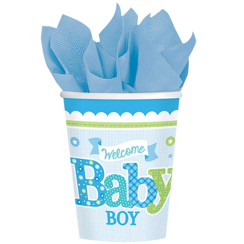 Charming Welcome Little One - Boy Paper Cups Baby Shower Party Hot and Cold Beverage Drink Disposable Drinkware, 9 oz., Pack of 8.