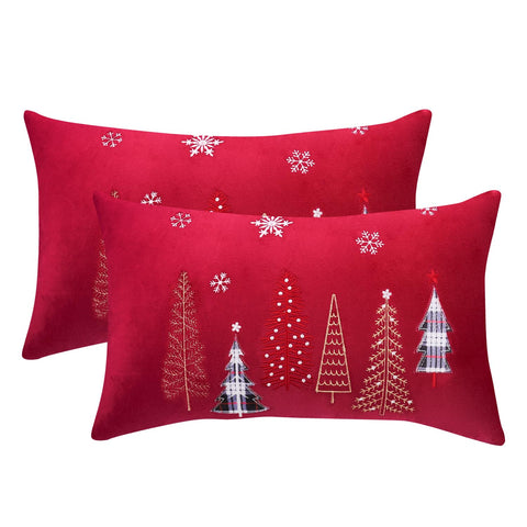 Tosleo Christmas Embroidery Throw Pillow Covers 12x20 inch Set of 2 Christmas Dec Velvet Pillowcases Red Christmas Tree Cushion Pillow Cases Soft Square Holiday Pillowcase