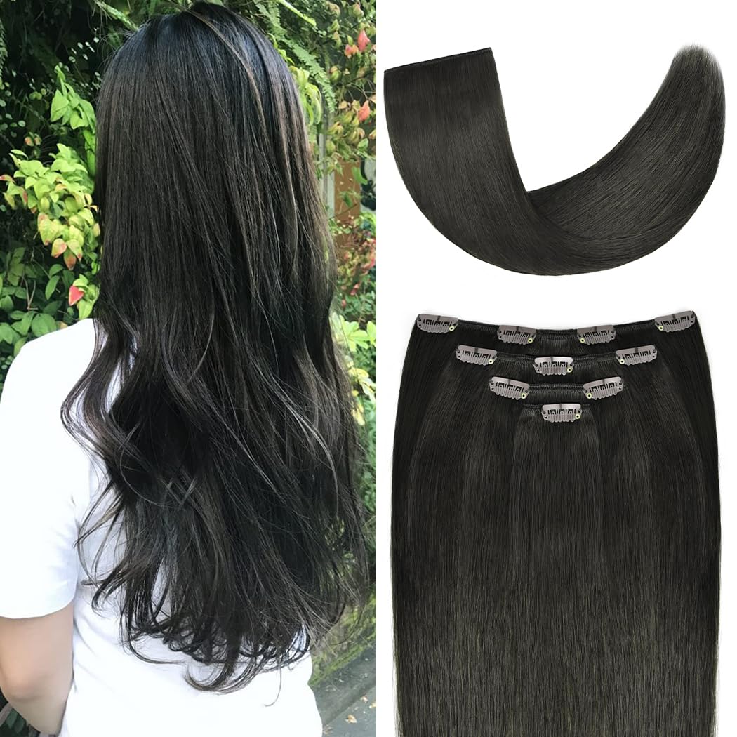 14" Clip in Hair Extensions Remy Human Hair for Women - Silky Straight Human Hair Clip in Extensions 50grams 4pieces Natural Black #1B Color