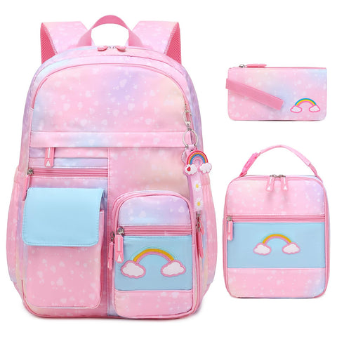 InduSKY Girls Backpack, Cute Rainbow School Backpack for Girls with Insulated Lunch Box Pen Case Set, Kids Backpack Kindergarten Elementary Middle School Book Bag for Teen Girls Children Students