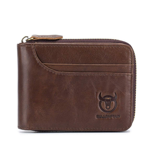 Genuine Leather Men Wallet, RFID Blocking Antimagnetic Credit Card Holder, Zipper Coin Purse Brown