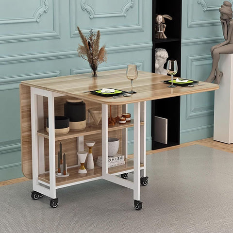 Space Saving Folding Dining Table, Drop Leaf Dining Table with Lockable Wheels, Extendable Dinner Table with 2-Layer Storage Shelf, Multifunction Expandable Table for Kitchen, Bedroom, Living Room ( C