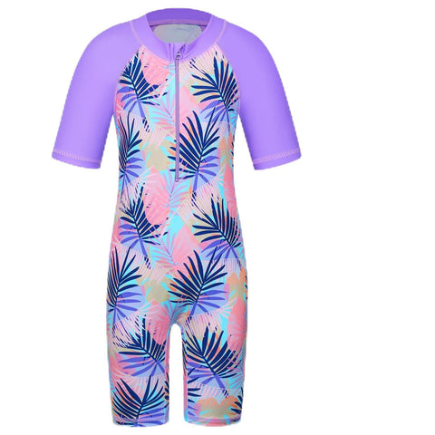 BAOHULU Girls Swimsuit UPF 50+ UV One Piece Swimwear Zipper Rashguard Bathing Suit with Hairband S428_PurpleLeaves_10A