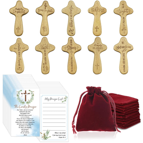 90 Pack Mini Wood Holding Hand Crosses with Velvet Bags Prayer Cards