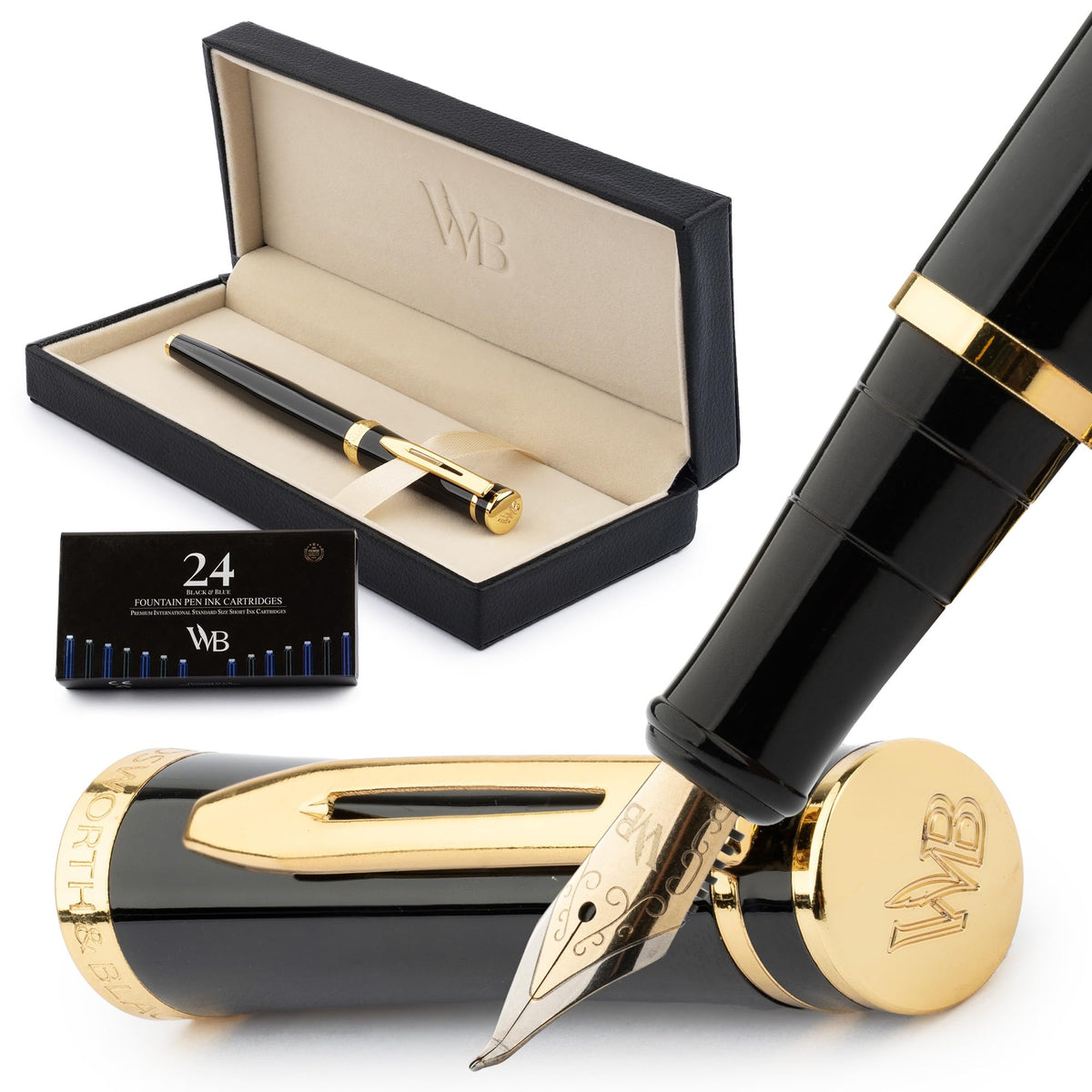 Wordsworth & Black Fountain Pen Set, 18K Gilded Bent Nib, Includes 24 Pack Ink Cartridges, Ink Refill Converter & Gift Box, Gold Finish, Calligraphy, [Black Gold], Perfect for Men & Women